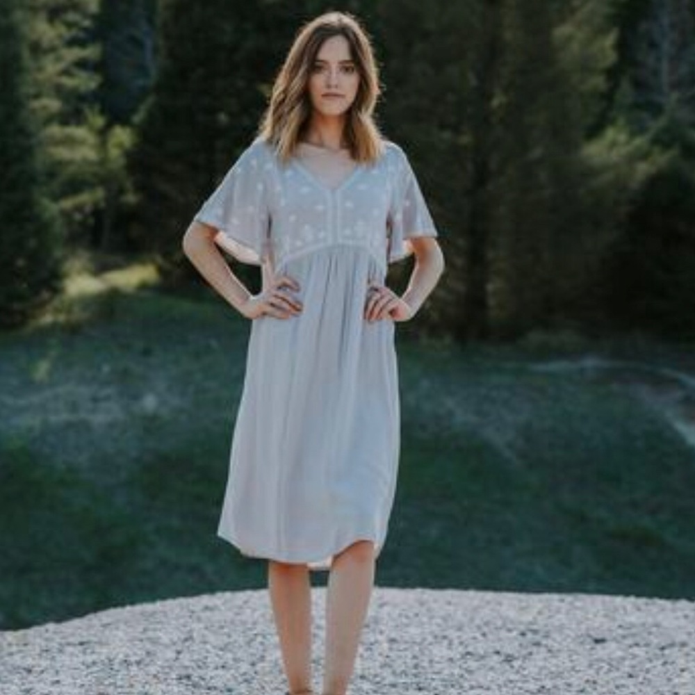 The Lany Embroidered Empire Dress in Light Grey
